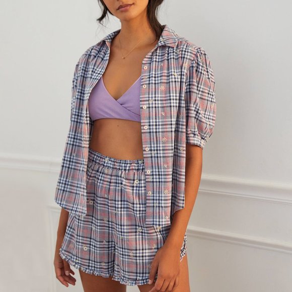 HTF Anthropologie Embroidered Plaid Pajama Set
